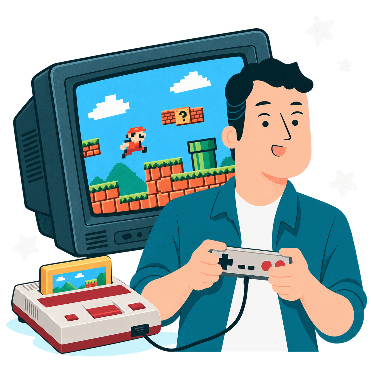 A player enjoying a Dendy console with a wired controller and an 8-bit game on a CRT television