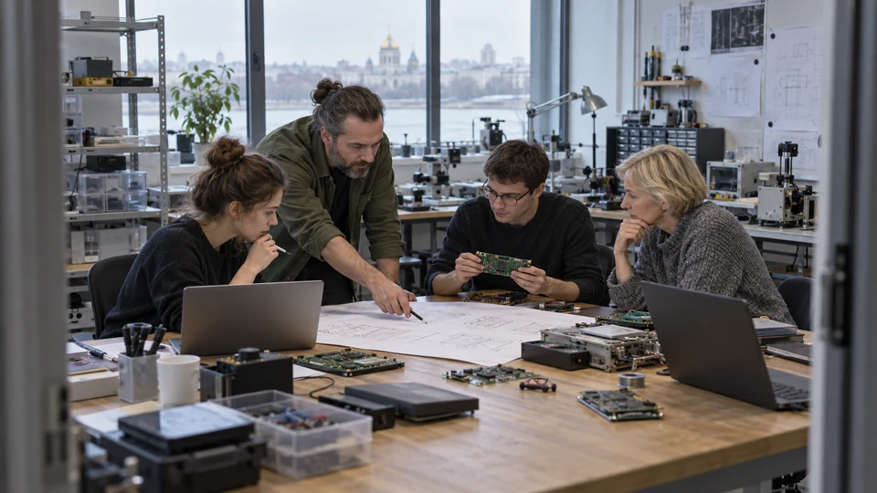 Open source software engineers collaborating around computer terminals analyzing network code