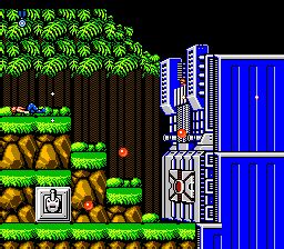 Contra side-scrolling level with jungle terrain and futuristic structures