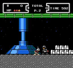 Scrooge McDuck exploring a DuckTales NES level with the health and score display