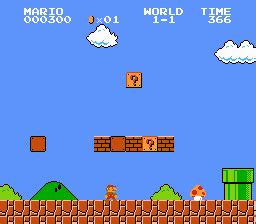 Super Mario Bros. World 1-1 with Mario, question blocks, pipes, and the score display
