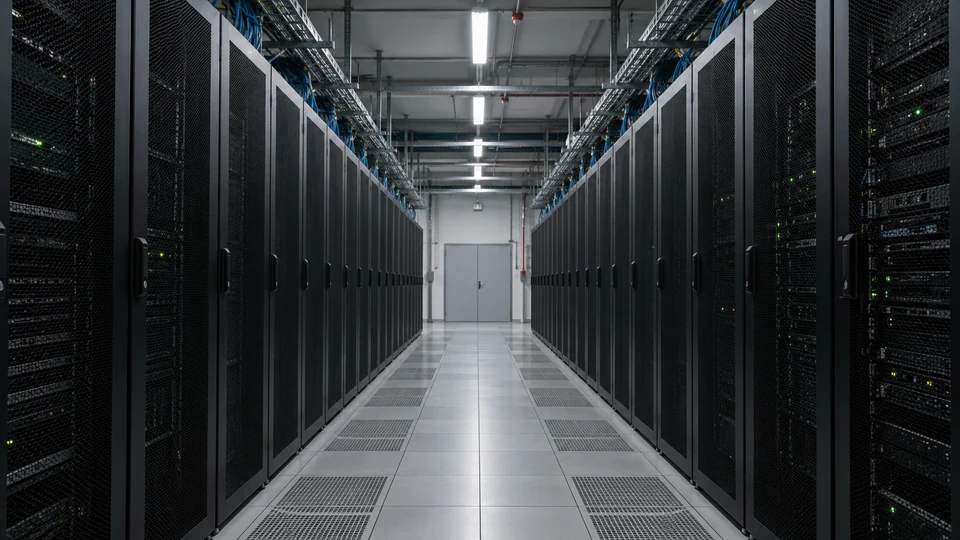 Racks of enterprise servers running network nodes in a dark datacenter