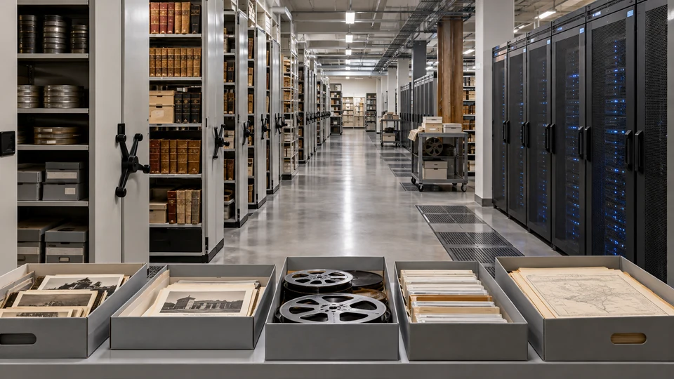 Atmospheric library vault interior with historic digital preservation servers and catalog shelves