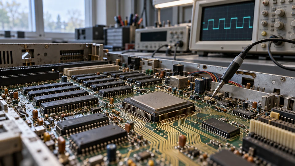 Vintage motherboard microprocessor architecture with microchips and copper traces