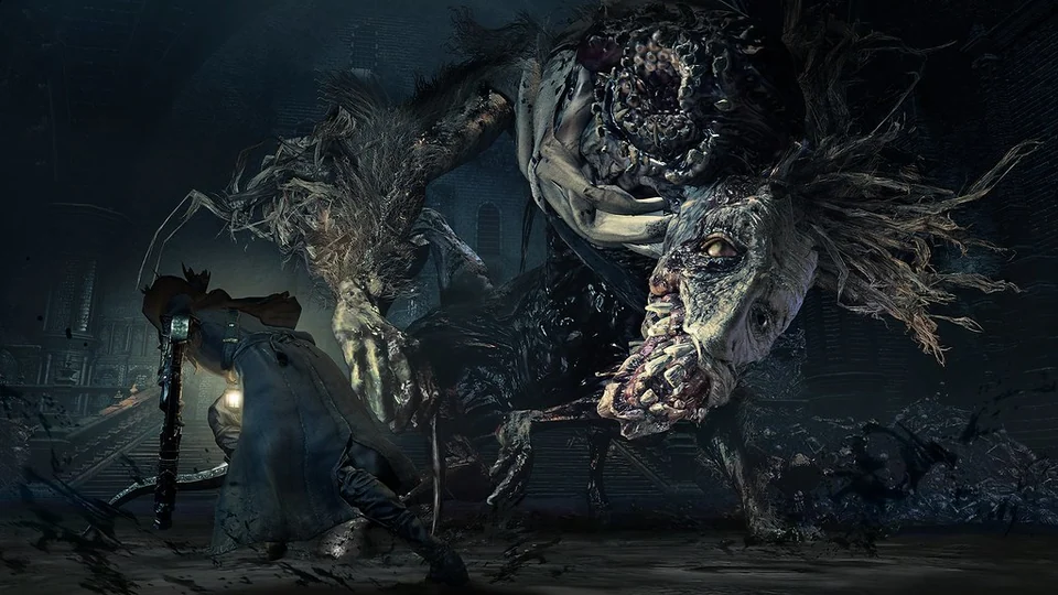 Official Bloodborne The Old Hunters screenshot of a grotesquely transformed beast confronting a hunter
