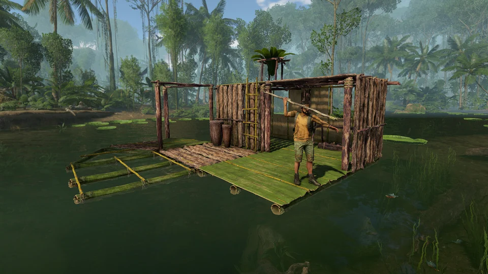 Official Green Hell gameplay screenshot of a survival camp in the Amazon rainforest