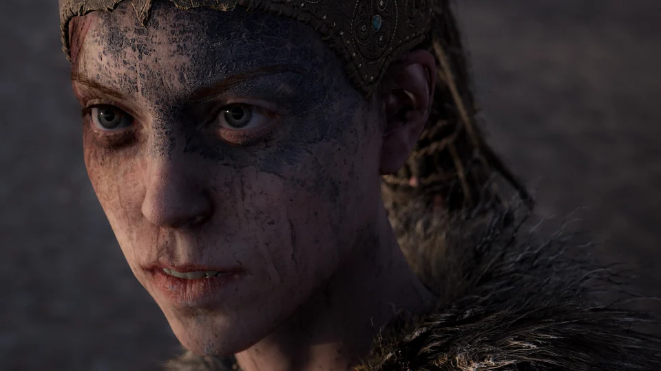 A close-up of Senua in Hellblade