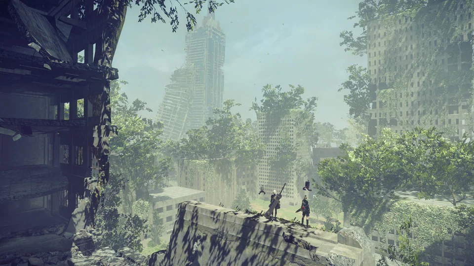 Official NieR Automata screenshot of vegetation reclaiming the City Ruins