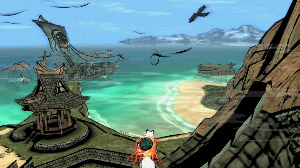 Official Okami HD gameplay screenshot of Amaterasu in a restored natural landscape