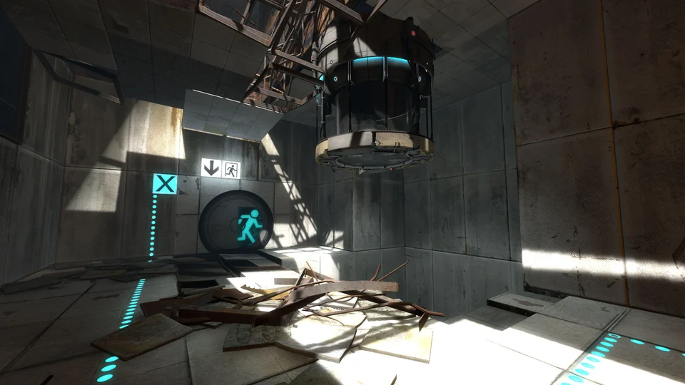 Official Portal 2 gameplay screenshot inside an Aperture Science test chamber