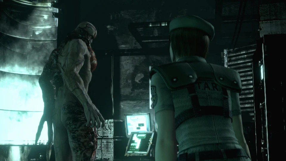 Official Resident Evil screenshot showing a mutated figure inside the mansion laboratory