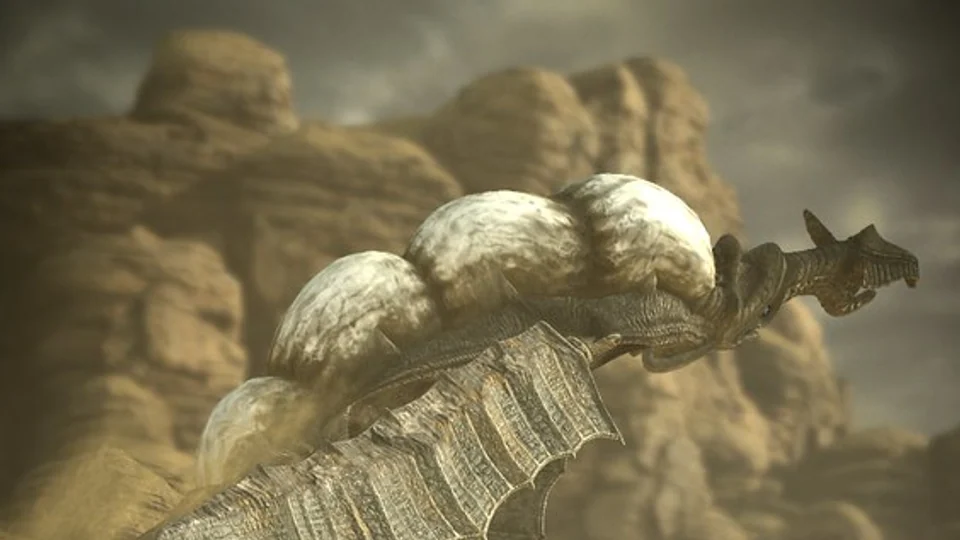 Official Shadow of the Colossus screenshot showing Wander riding Agro toward a colossus