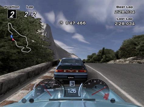 A car racing in Gran Turismo 4 on PlayStation 2