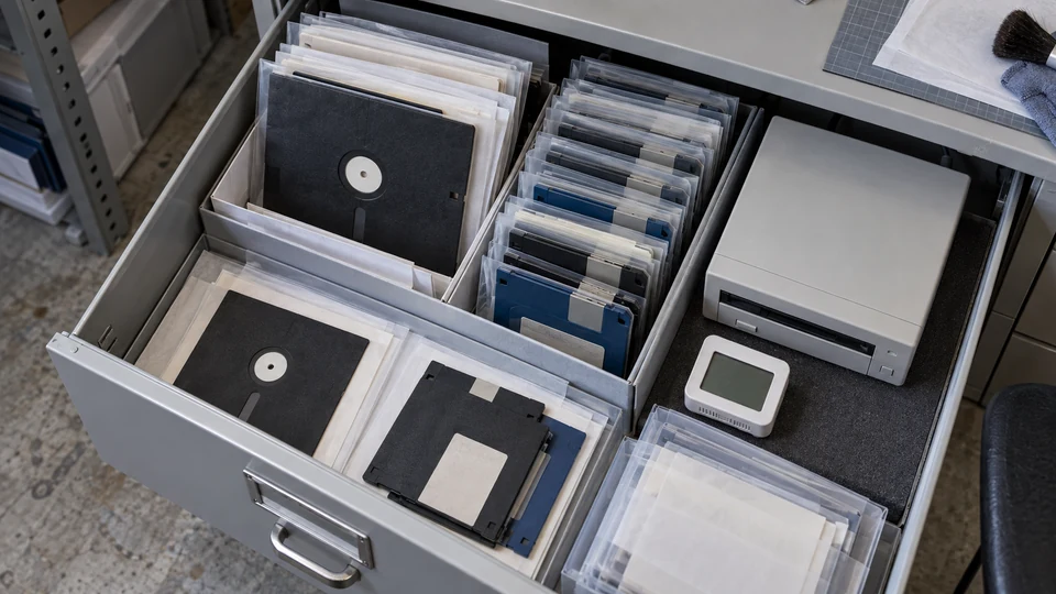 Archive collection of magnetic storage media and legacy hardware storage discs