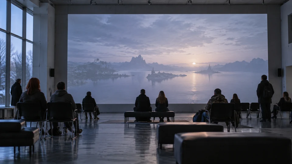 Atmospheric digital sunset over an expansive low-poly virtual landscape